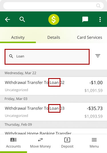 Looking up transactions in mobile, step 6