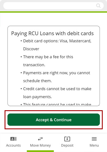 Paying a loan with a debit card in mobile, step 3