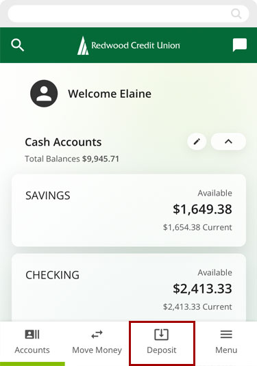 Paying a loan with mobile check deposit in the mobile app, step 1