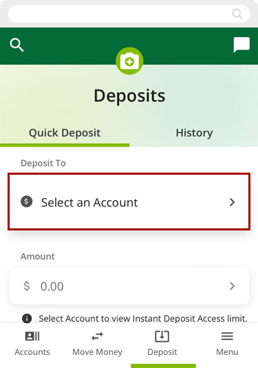Paying a loan with mobile check deposit in the mobile app, step 2