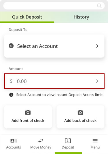 Paying a loan with mobile check deposit in the mobile app, step 3