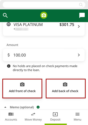 Paying a loan with mobile check deposit in the mobile app, step 4