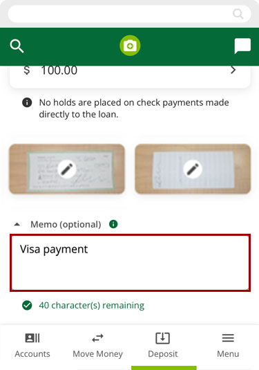 Paying a loan with mobile check deposit in the mobile app, step 5