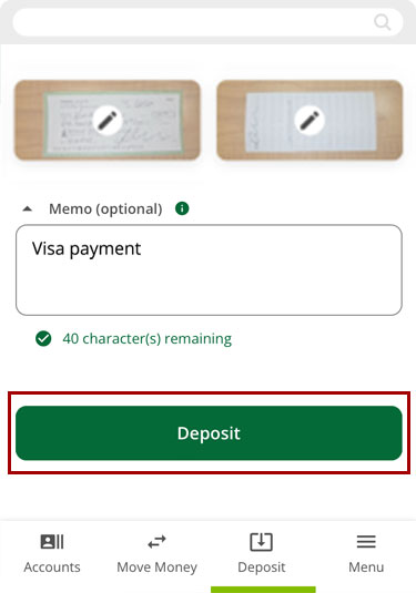 Paying a loan with mobile check deposit in the mobile app, step 6