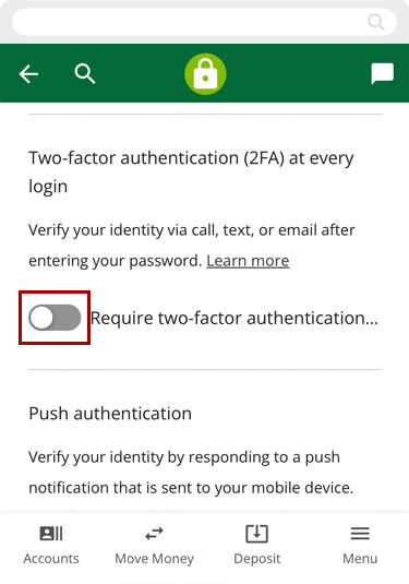 Setting up two-factor authentication in mobile, step 1