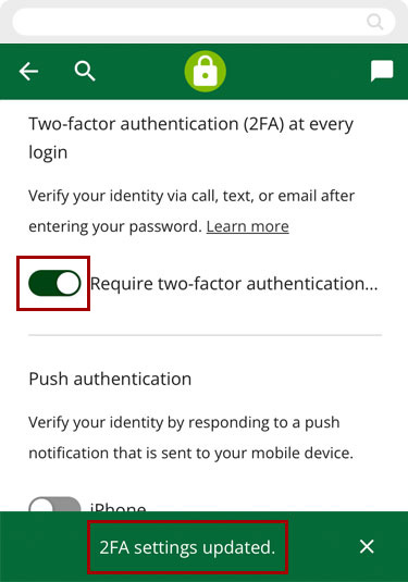 Setting up two-factor authentication in mobile, step 2