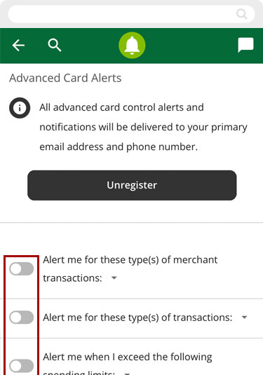 Register for card alerts in mobile, step 4