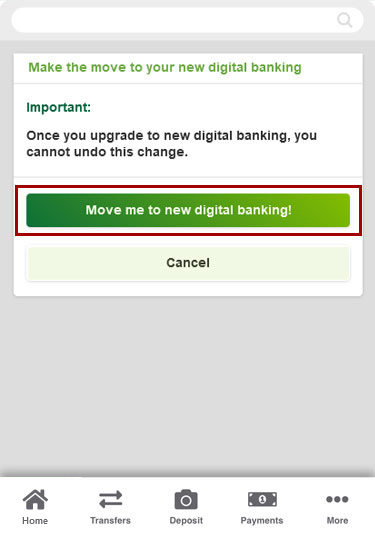 Switch a single account to the new RCU digital banking in mobile, step 3