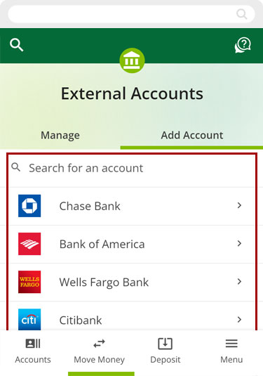 Setting up external transfers manually using the mobile app, step 2