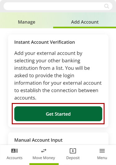 Setting up external transfers with Instant Account Verification using the mobile app, step 1