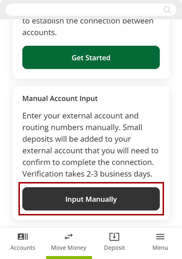 Setting up external transfers manually using the mobile app, step 1