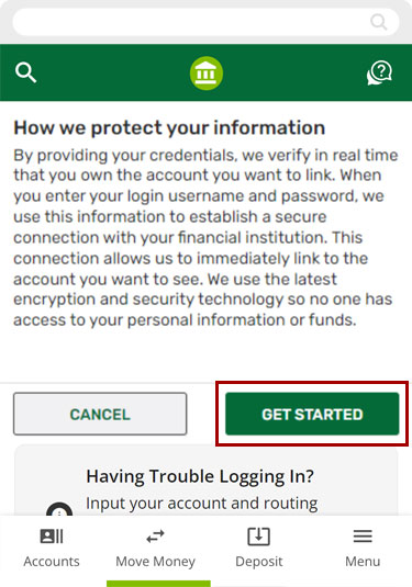 Setting up external transfers with Instant Account Verification using the mobile app, step 2