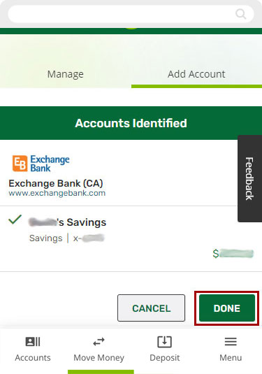 Setting up external transfers with Instant Account Verification using the mobile app, step 6