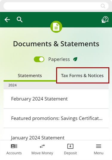 Finding account tax statements in mobile, step 3