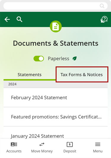 Finding account tax statements in mobile, step 3