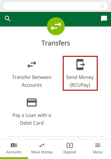 Screenshot of RCU's digital banking app clicking on Send Money (RCUpay)