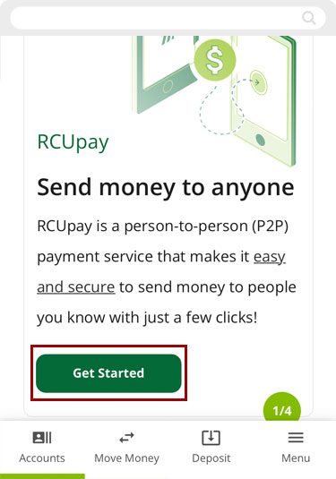 Screenshot of RCU's digital banking app clicking on Get Started