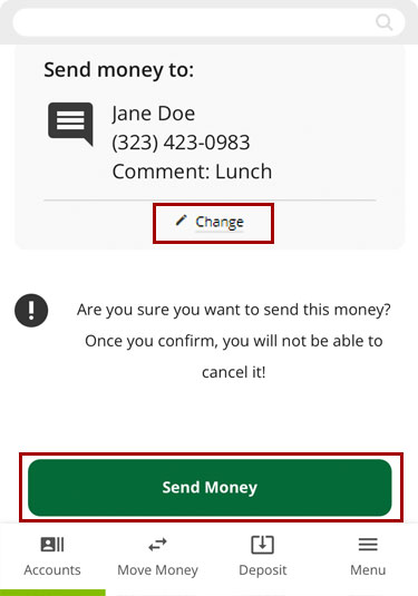 Screenshot of RCU's digital banking app highlighting the the Edit and Send Money links