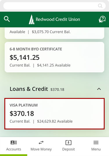 Adding an RCU debit or credit card to Apple Wallet using RCU’s digital banking app, step 1
