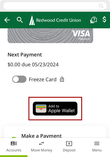 Adding an RCU debit or credit card to Apple Wallet using RCU’s digital banking app, step 3