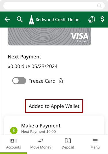 Adding an RCU debit or credit card to Apple Wallet using RCU’s digital banking app, step 6
