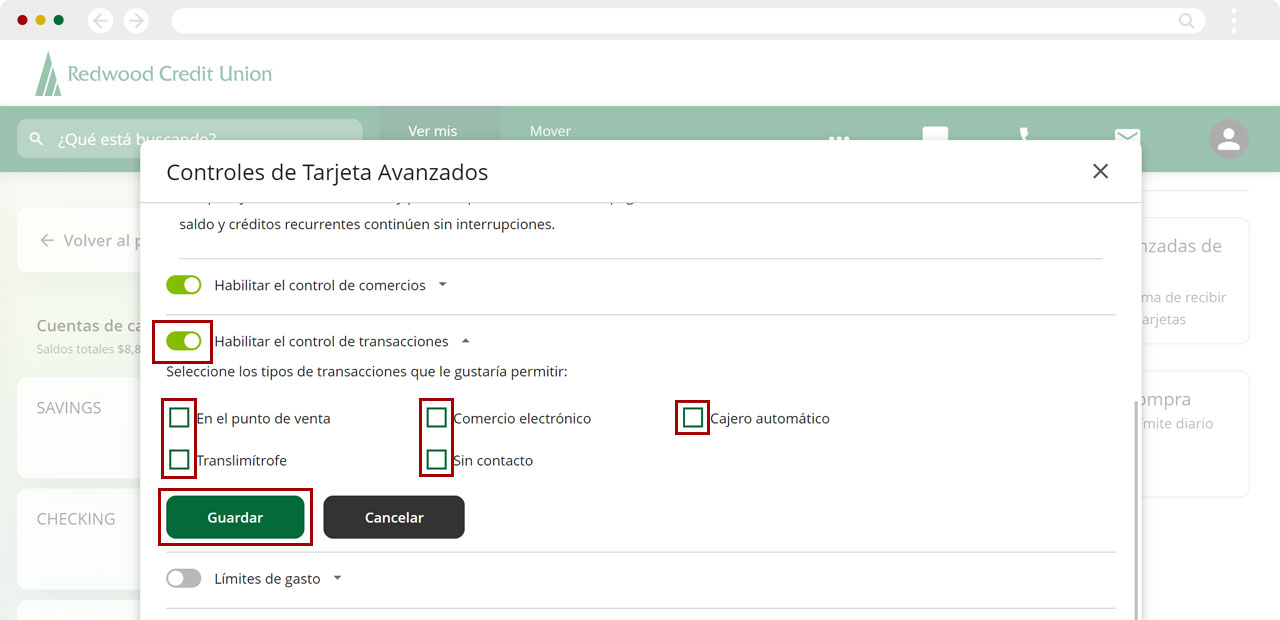 Configurando controles de transacciones usando una computadora, paso 1