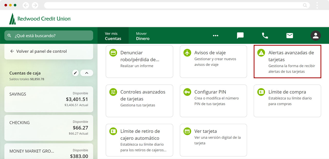 Configurando alertas de tarjetas usando una computadora, paso 1
