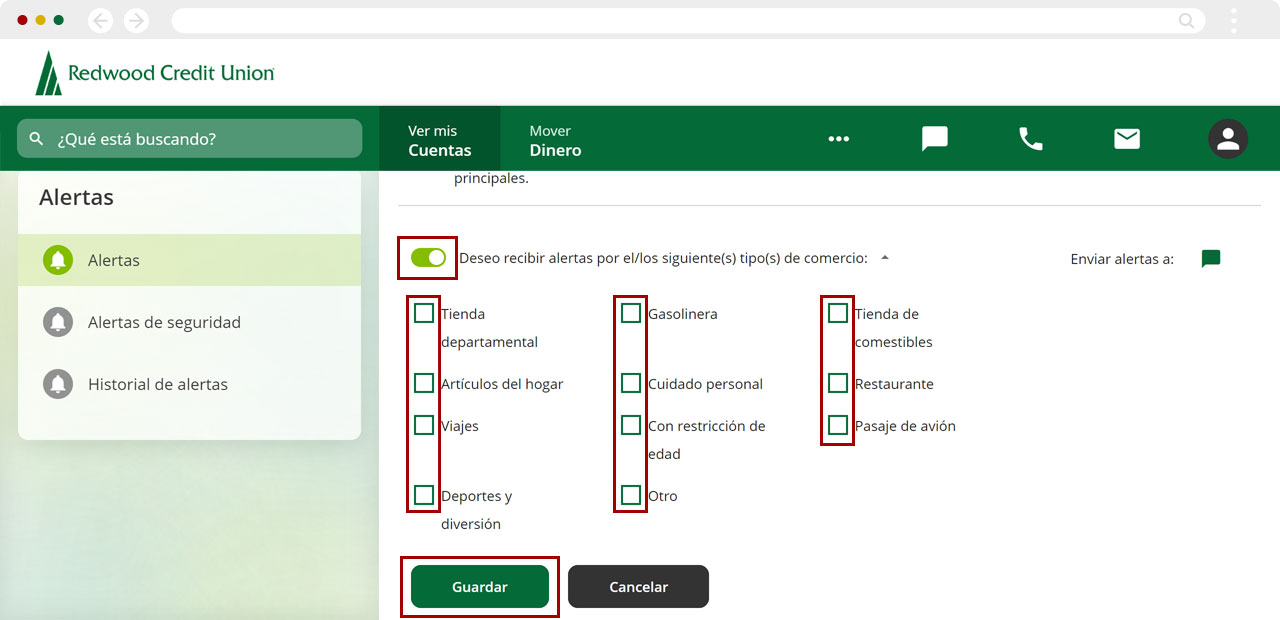 Configurando alertas de comercio usando una computadora, paso 1