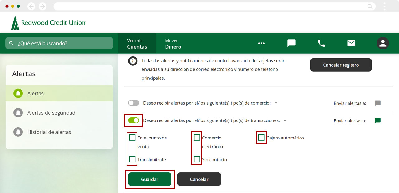 Configurando alertas de transacciones usando una computadora, paso 1