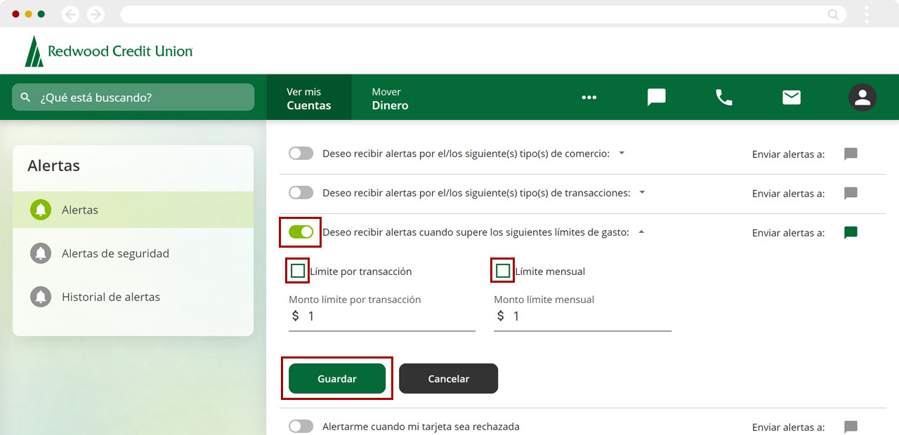 Configurando alertas de límite de gasto usando una computadora, paso 1