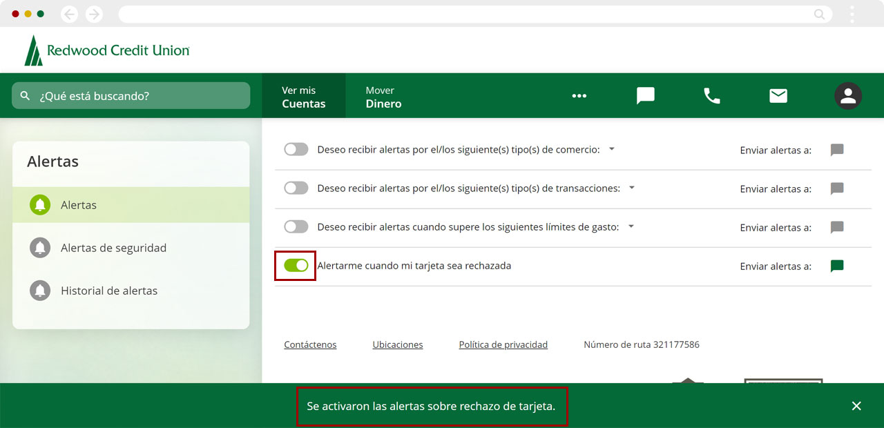 Configurando alertas de rechazo de tarjeta usando una computadora, paso 1