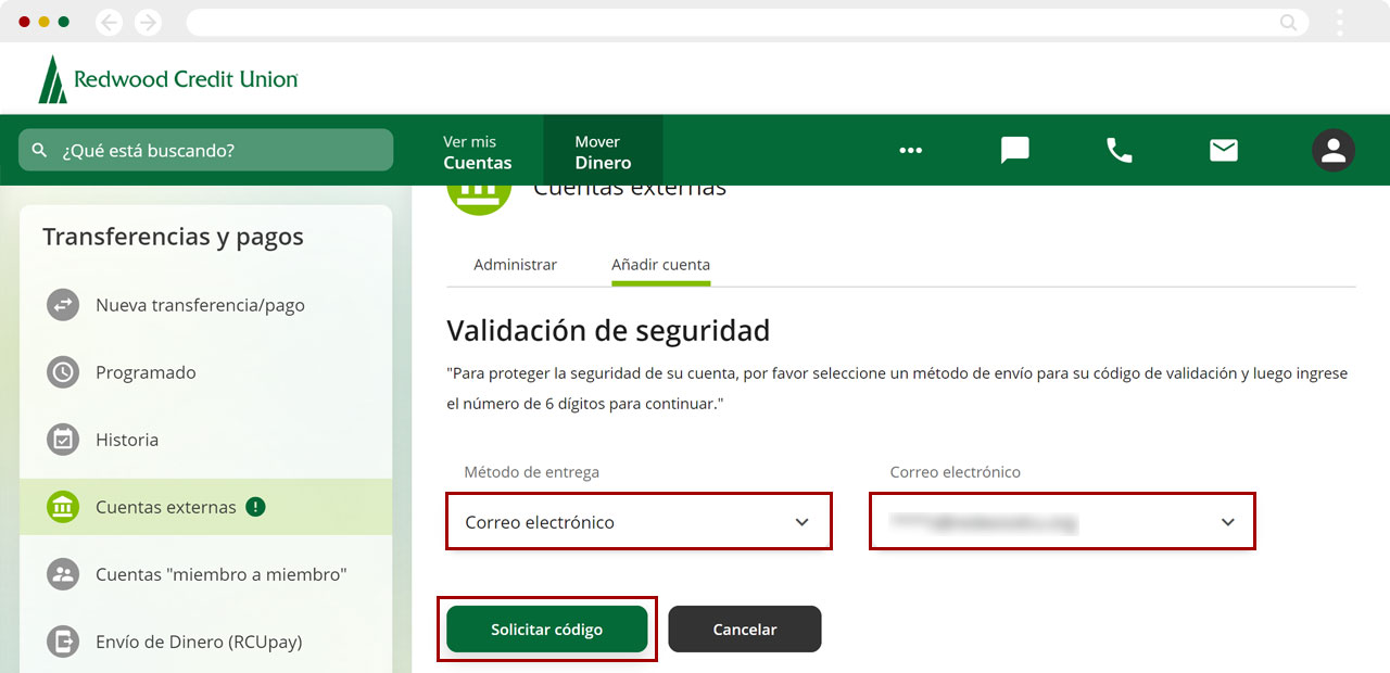 Configurando cuentas externas usando una computadora, paso 2a