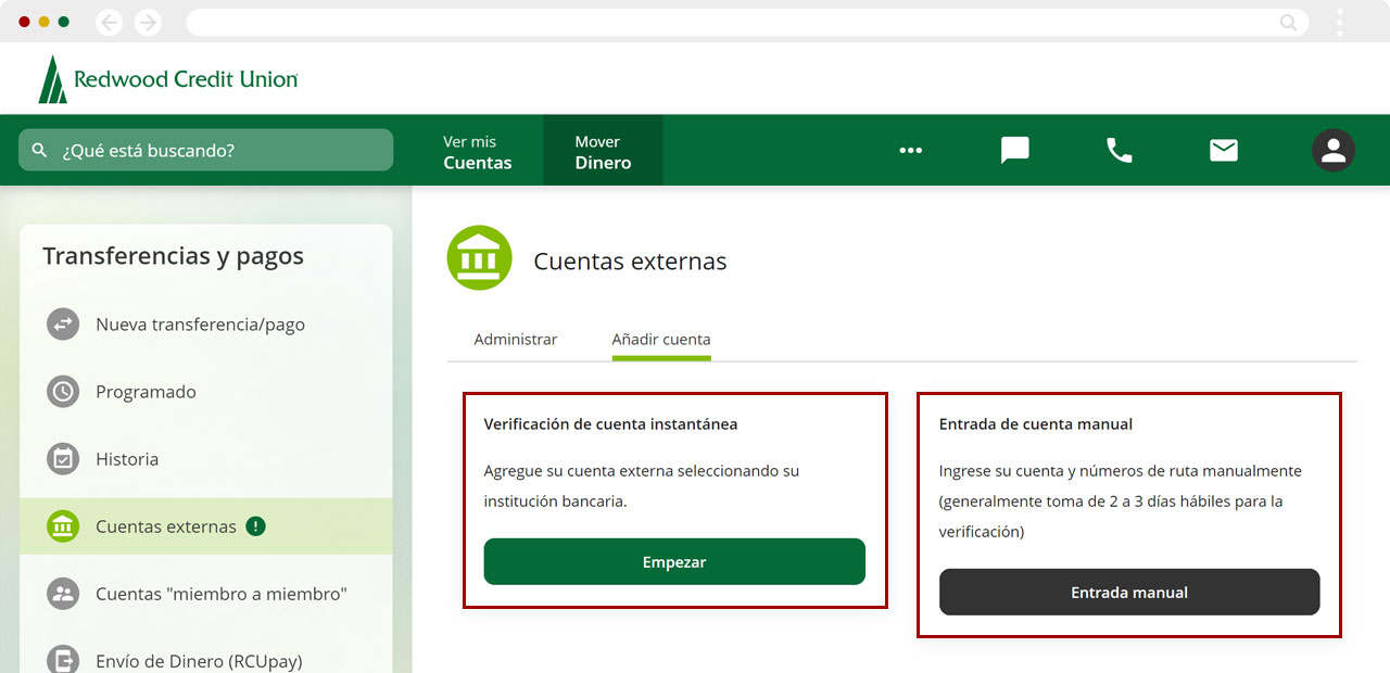 Configurando cuentas externas usando una computadora, paso 3