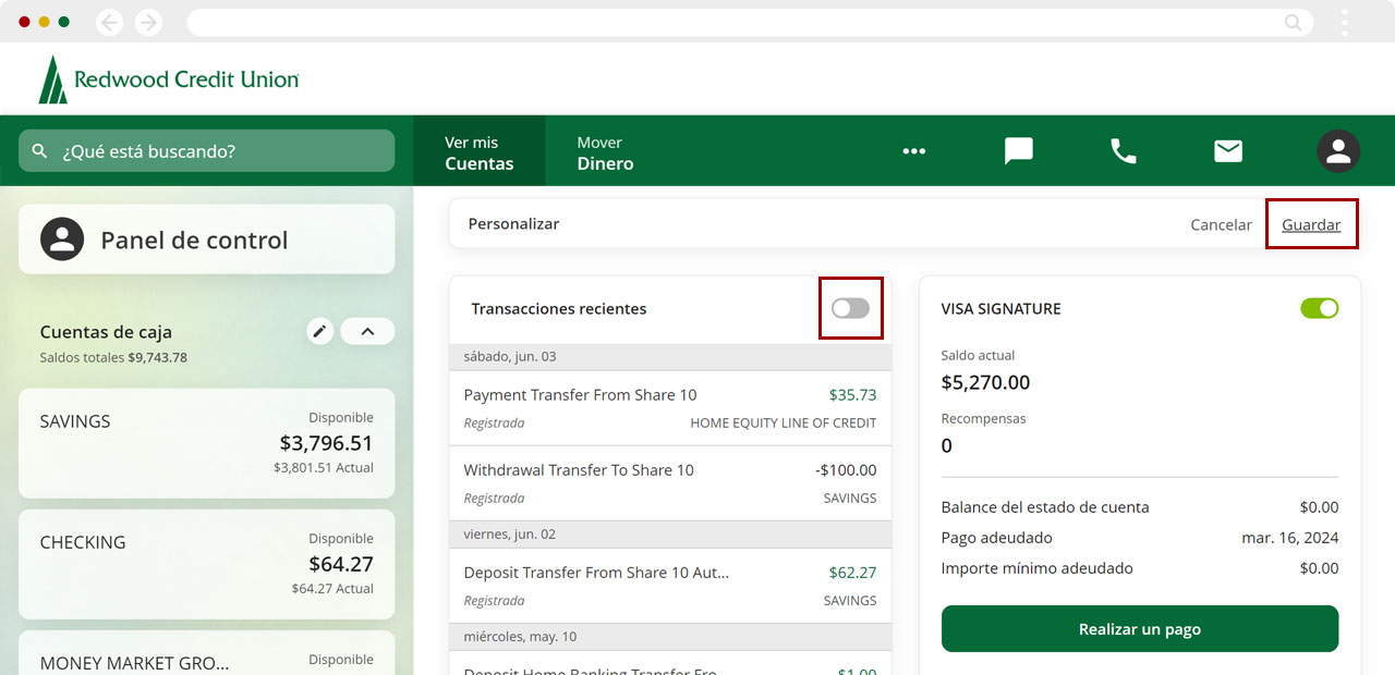 Como ocultar el widget the transacciones recientes usando una una computadora, paso 2