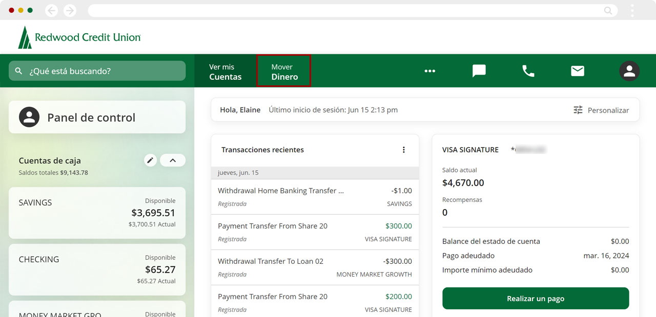 Transferir fondos entre mis cuentas de RCU usando una computadora, paso 1
