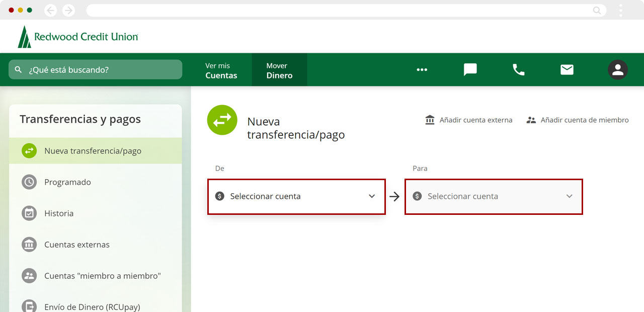 Transferir fondos entre mis cuentas de RCU usando una computadora, paso 2