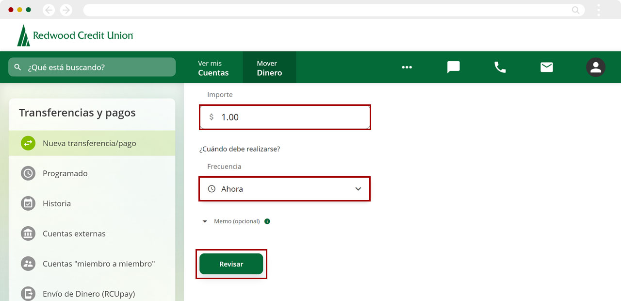 Transferir fondos entre mis cuentas de RCU usando una computadora, paso 3