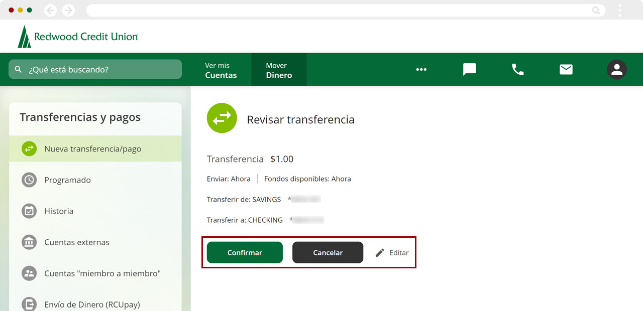 Transferir fondos entre mis cuentas de RCU usando una computadora, paso 4
