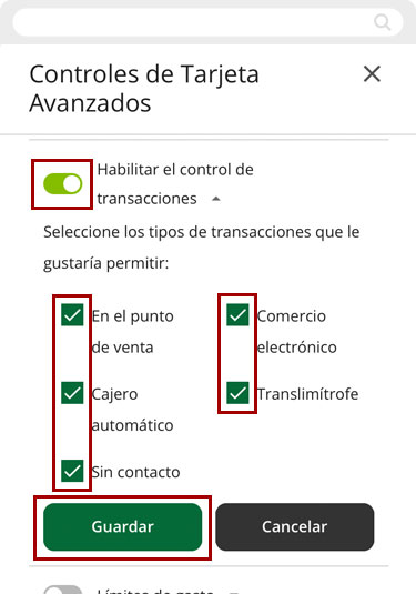 Configurando controles de transacciones usando un dispositivo móvil, paso 1