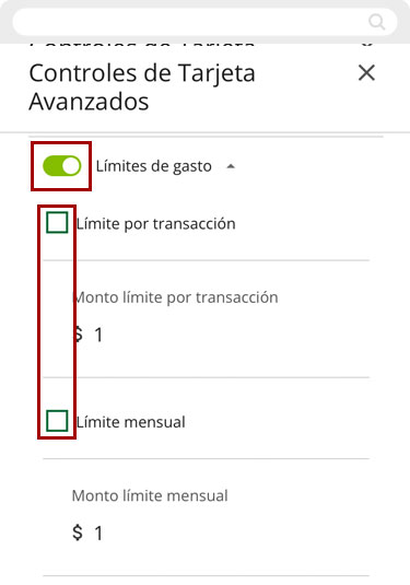 Configurando controles de límites de gasto usando un dispositivo móvil, paso 1
