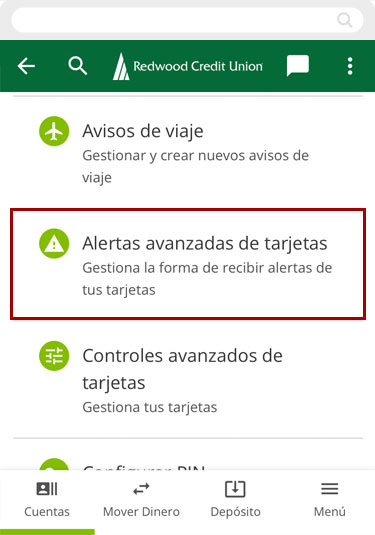 Configurando alertas de tarjetas usando un dispositivo móvil, paso 1