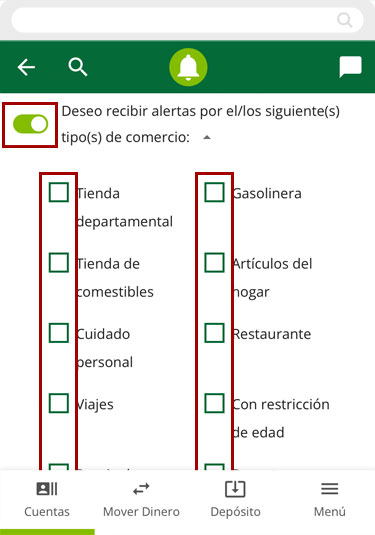 Configurando alertas de comercio usando un dispositivo móvil, paso 1