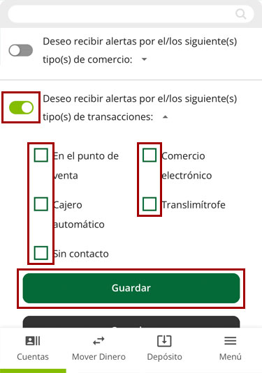 Configurando alertas de transacciones usando un dispositivo móvil, paso 1