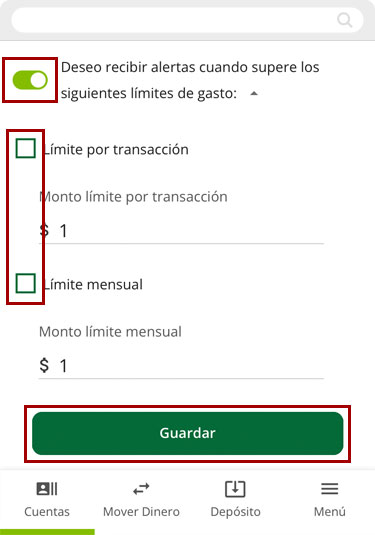 Configurando alertas de límite de gasto usando un dispositivo móvil, paso 1