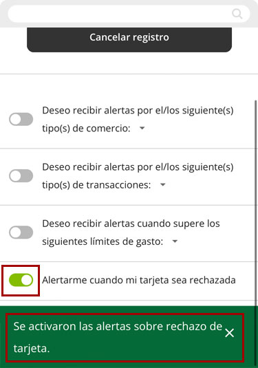 Configurando alertas de rechazo de tarjeta usando un dispositivo móvil, paso 1