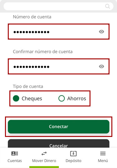 Ingresando cuenta externa manualmente usando un dispositivo m&oacute;vil, paso 2