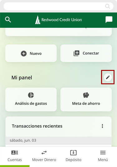 Como ocultar el widget the transacciones recientes usando un dispositivo móvil, paso 1