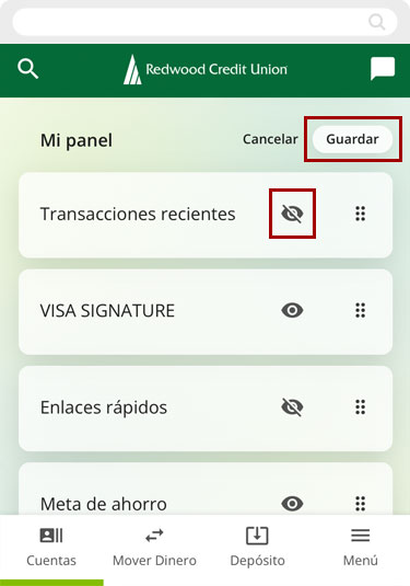 Como ocultar el widget the transacciones recientes usando un dispositivo móvil, paso 2