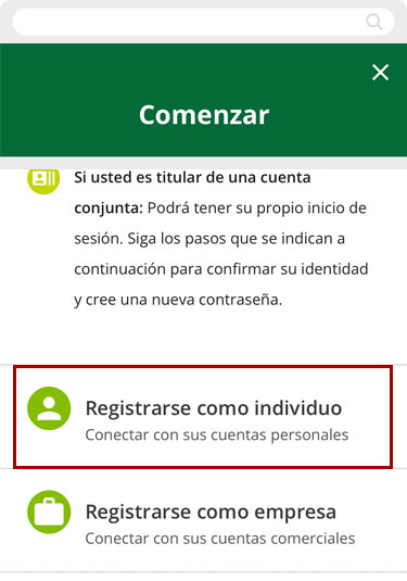 Inscríbase en la banca digital usando un dispositivo móvil, paso 2