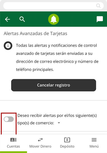 Regístrese para recibir alertas de tarjetas usando un dispositivo móvil, paso 6
